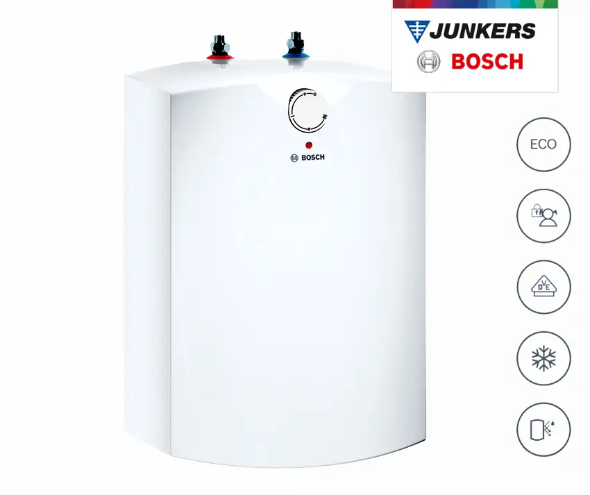 Weißer, kompakter Warmwasserspeicher von Bosch mit zwei Anschlüssen oben und einem einstellbaren Temperaturregler auf der Vorderseite.